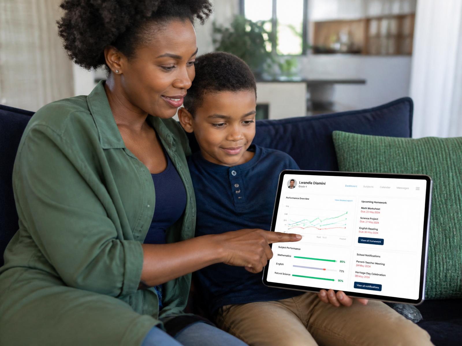 A parent and child reviewing a learner progress dashboard on a tablet