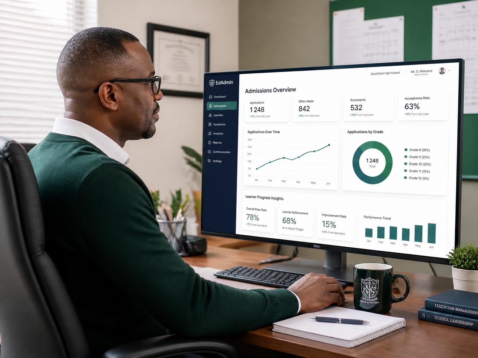 A school administrator reviewing an education analytics dashboard